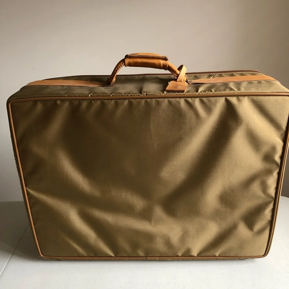 Vintage Hartmann Nylon Suitcase w/Outside Pocket In Olive w/Tan Leather Trim
